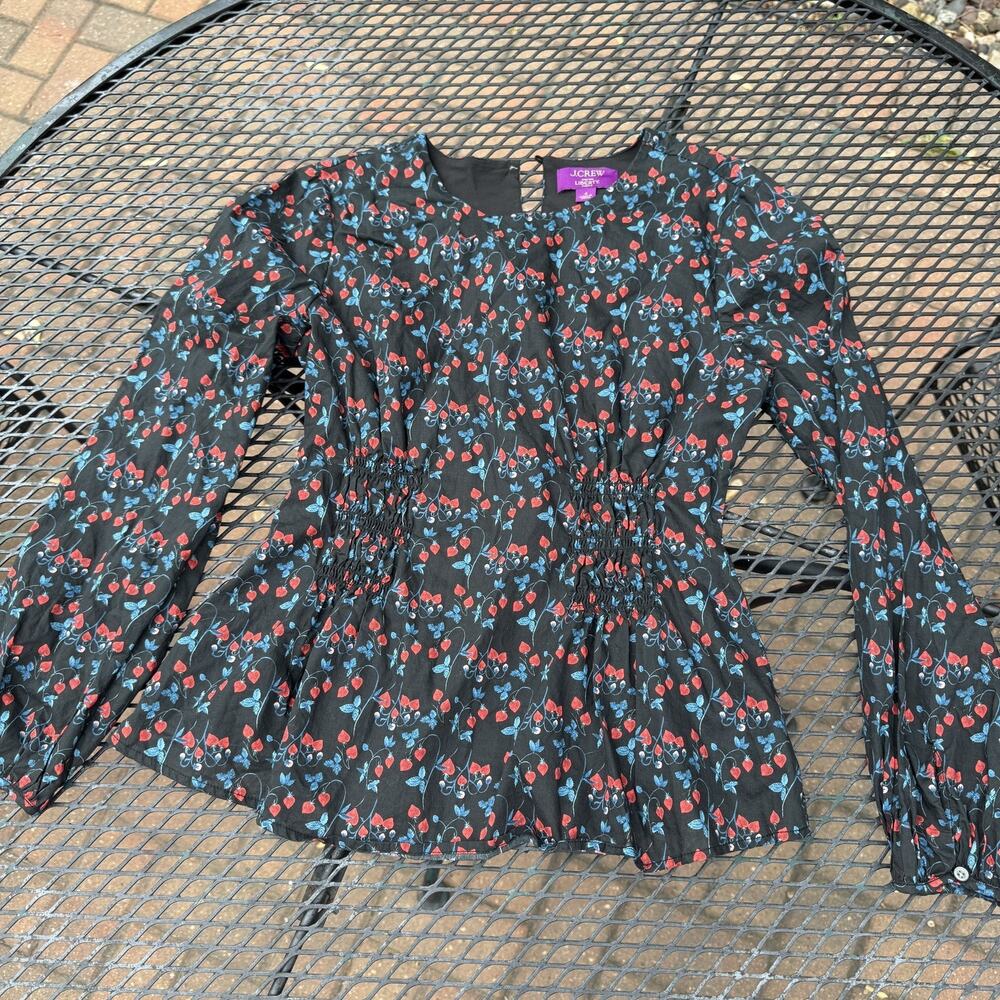 J.Crew Liberty of London Strawberry Print Blouse Womens 4 Black Smocked Peplum